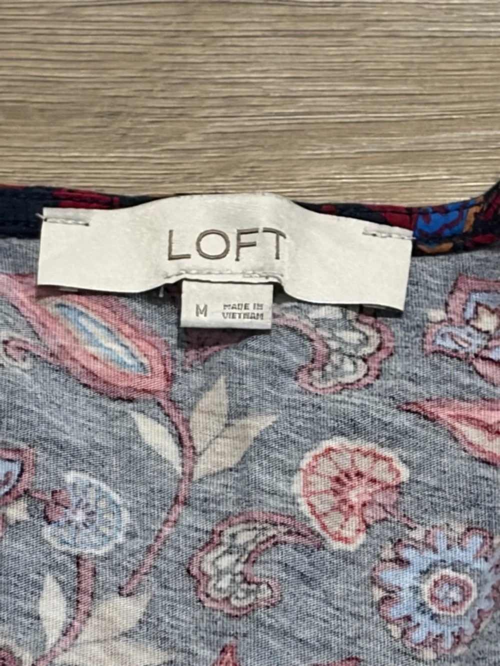 LOFT Navy Paisley V-Neck Puff Sleeve Top with Red & Blue Accents